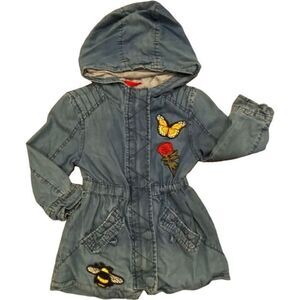 Urban Republic Hooded Washed Denim Jacket Butterfly Bumble Bee Embroidered Accen